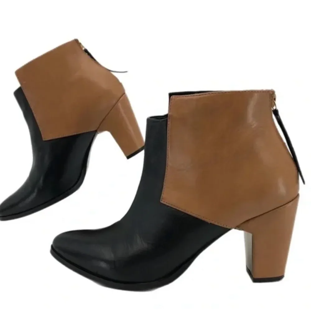 Miista Tan and Black Leather Contrast Heeled Ankle Boot Size EU 40 US 9